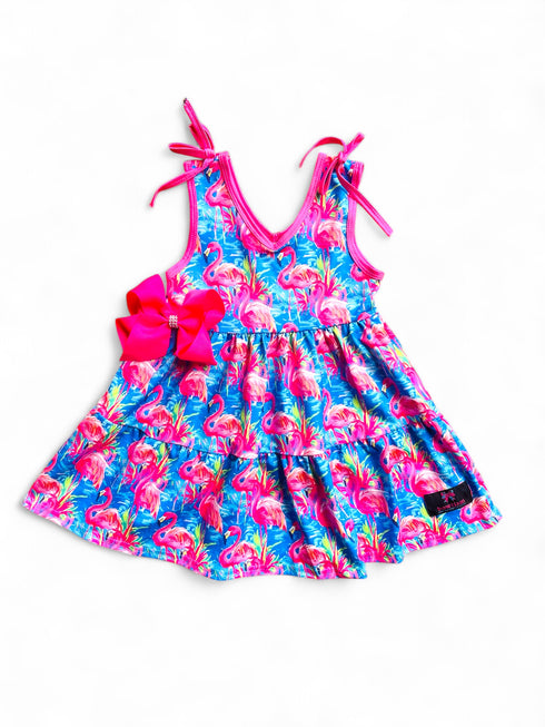 Girls Pink Watercolor Flamingo Dress with Matching Bow - Bowtism